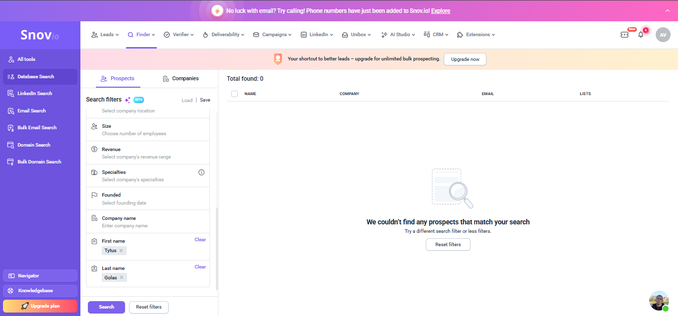 Output artifact for "Person lookup by name" test: In the unsuccessful known-prospect test, Snov.io returned zero matching prospects. That showed that even publicly identifiable individuals may be missing from t, snov-io-snov-no-results-prospect-search.png