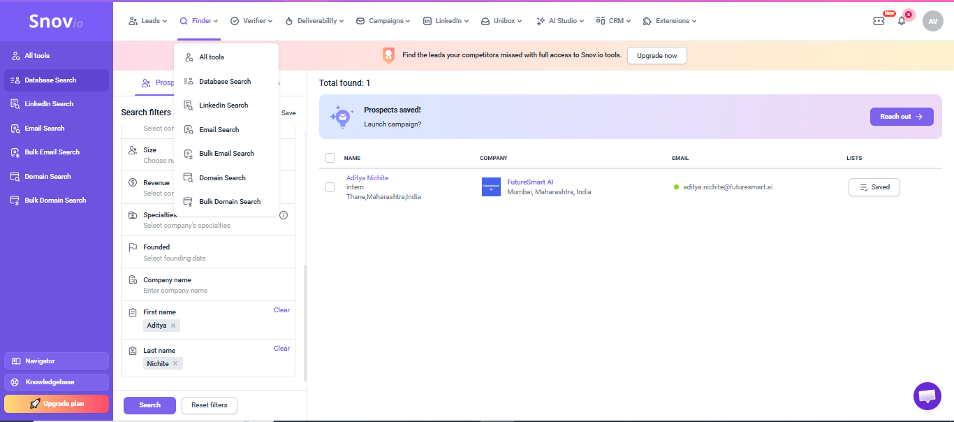 Output artifact for "Employee discovery and surfaced contact data" test: Snov.io displayed a saved FutureSmart AI prospect with a visible email address, showing that the workflow can progress from search into list building and contac, snov-io-snov-saved-prospect-result.png