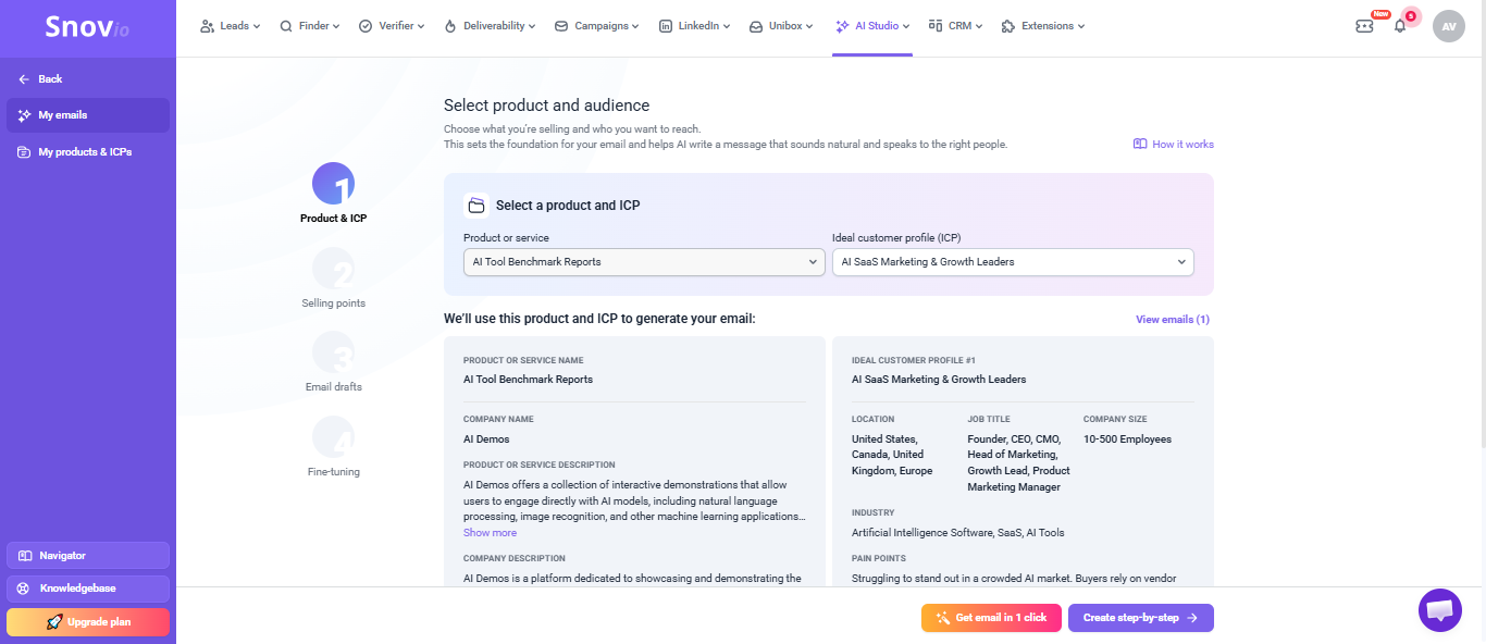Output artifact for "AI outreach email drafting" test: AI Studio accepted product, company, ICP, and pain-point context and used that information to prepare an outreach-email brief. That showed Snov.io can structure, snov-io-snovio-ai-studio-product-audience.png