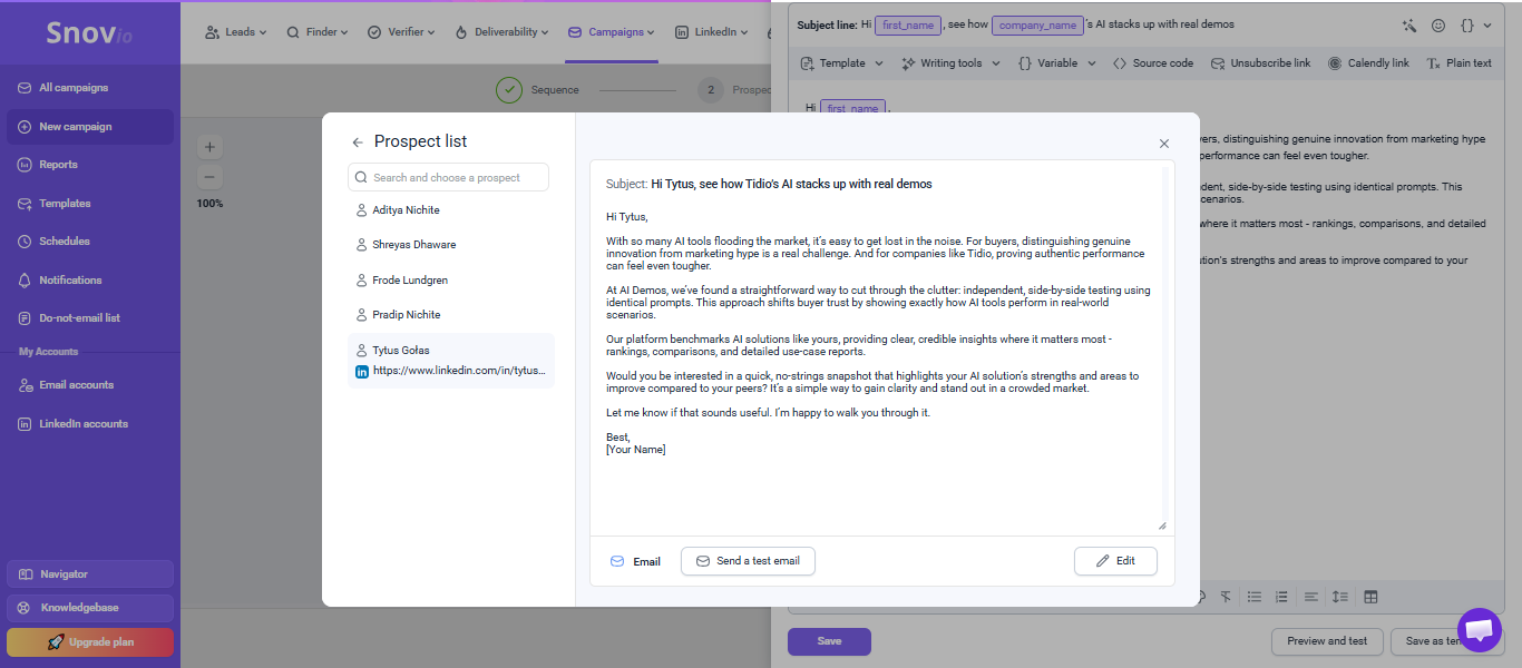 Output artifact for "AI outreach email drafting" test: The Tytus draft swapped in Tytus and Tidio correctly, but the overall structure, problem framing, and value proposition remained almost identical to the Frode v, snov-io-snovio-campaign-email-editor-tytus.png