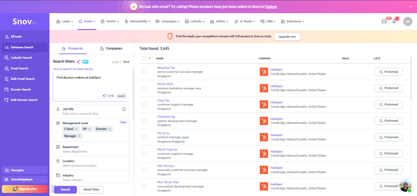 Output artifact for "Natural-language prospect discovery" test: Snov.io also produced a broad HubSpot result set with thousands of candidate contacts and standard narrowing filters. In practice, that made the prompt useful f, snov-io-snovio-database-search-hubspot-decision-makers.png