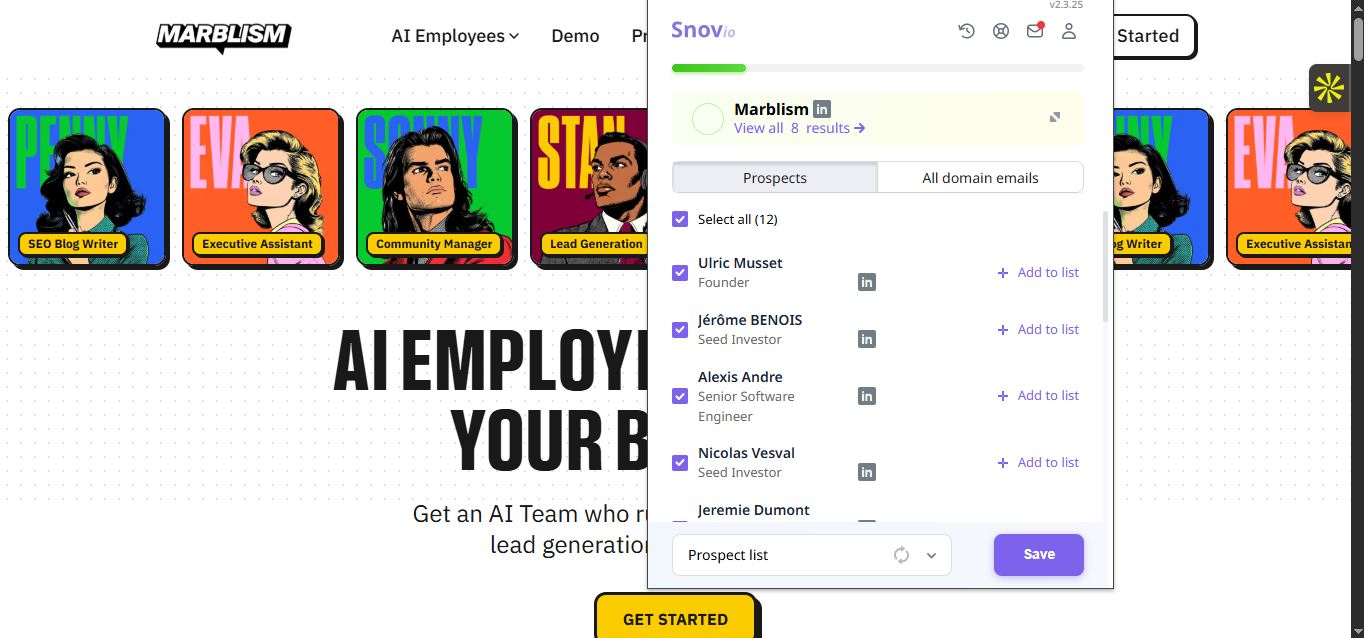 Output artifact for "Website-based employee discovery in the extension" test: While browsing Marblism's website, the extension detected the company and returned eight associated records. It displayed employee names and job titles, includi, snov-io-snovio-extension-prospects-popup.png