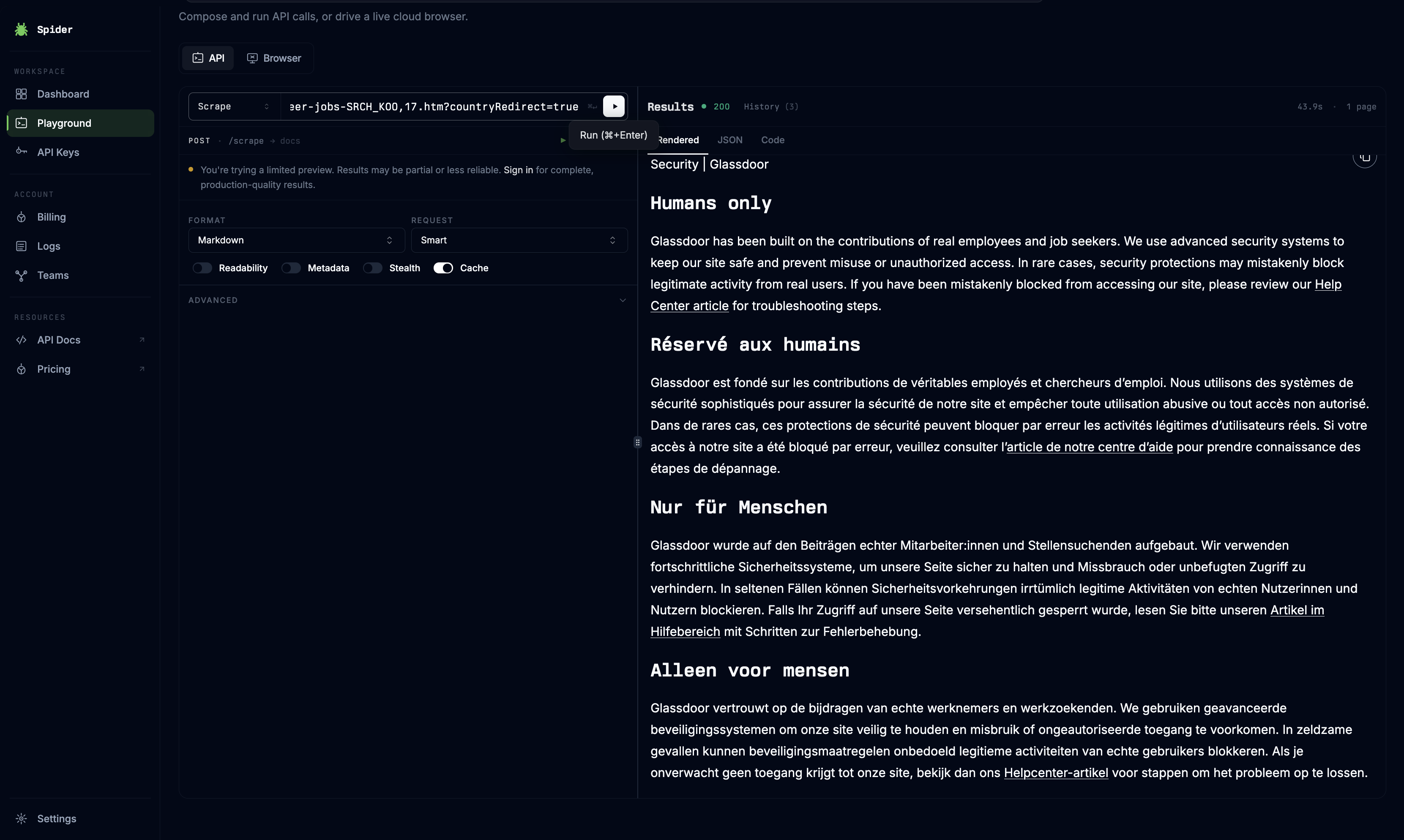 Spider Playground showing a Glassdoor access-block page