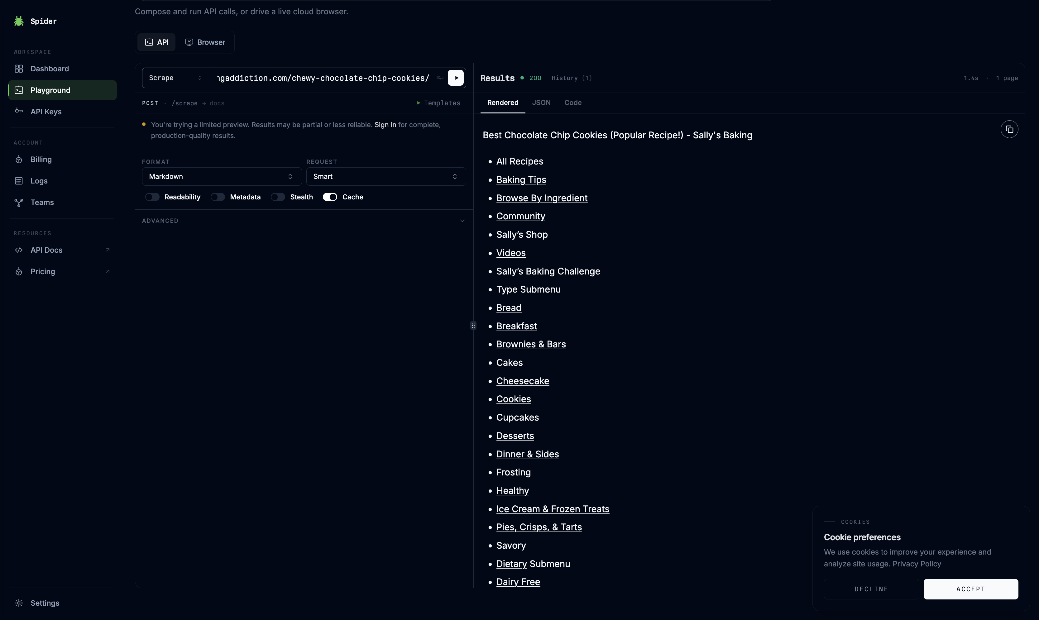 Spider Playground showing scraped results from a recipe page