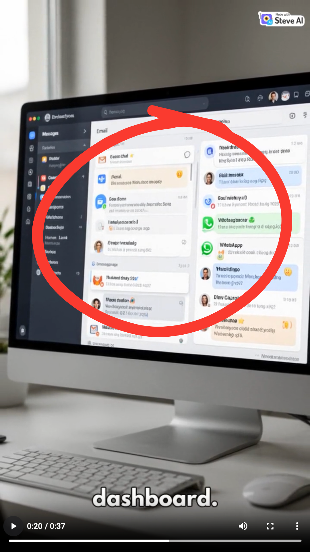 Output artifact for "AI Video Generation" test: The unified dashboard is rendered as a generic inbox/message board rather than a precise email-plus-chat-plus-WhatsApp workflow., SteveAI_Anchor1_GenericDashboardRepresentation.png