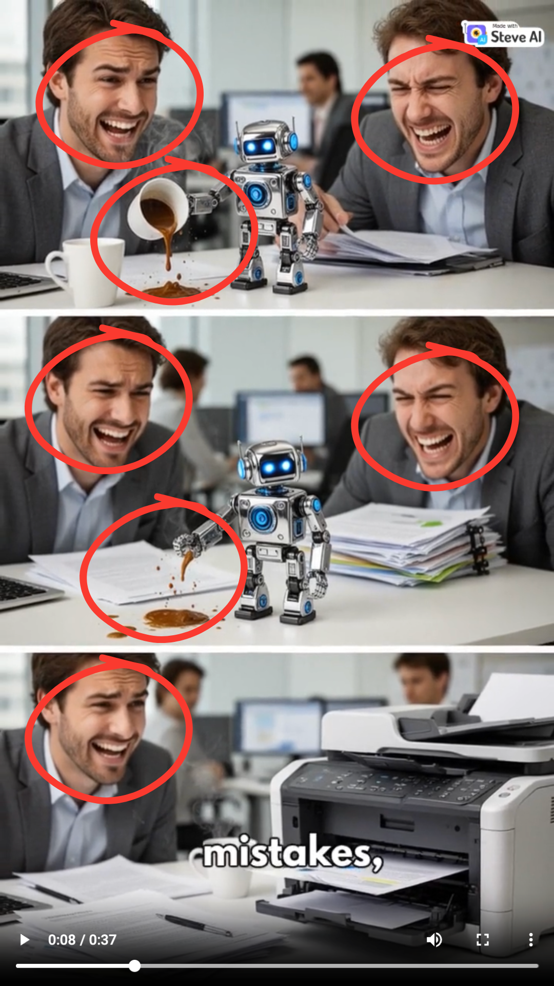 Output artifact for "AI Video Generation" test: The scene shows a mismatch between narration and emotion: the story says the robot is making mistakes, but the surrounding team appears happy instead of frustrated., SteveAI_Anchor2_IncorrectEmotionalScene.png