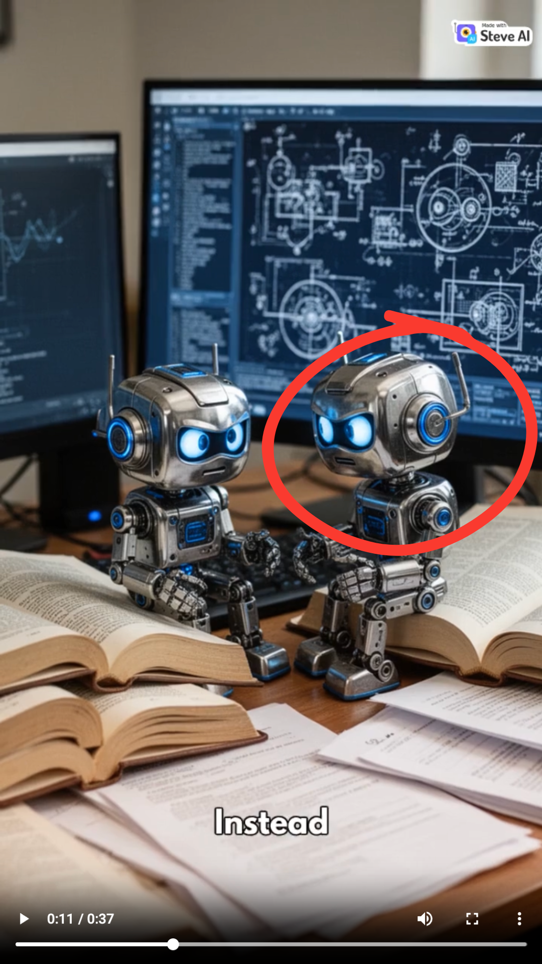 Output artifact for "AI Video Generation" test: The prompt centers on one robot intern, but this frame introduces multiple robot characters, weakening character continuity., SteveAI_Anchor2_MultipleRobotCharacters.png