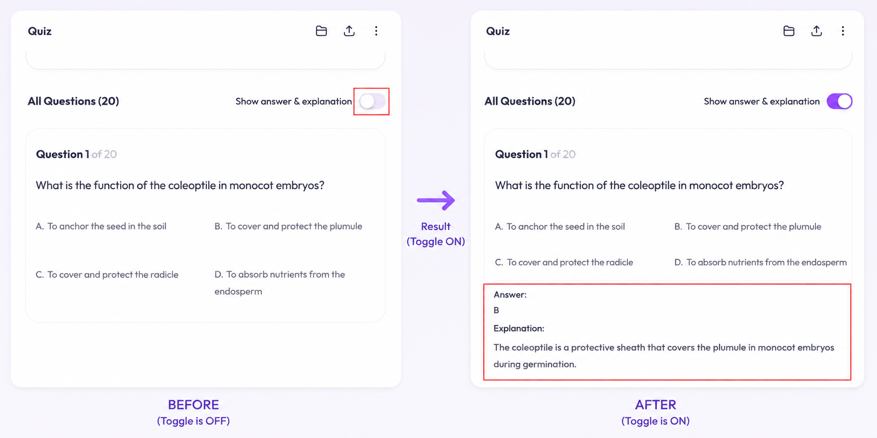 Output artifact for "Active Recall Quiz Interface" test: The quiz keeps the answer behind a 'Show answer & explanation' toggle, so the learner can attempt first and then reveal the explanation., out1_answer_hidden.png