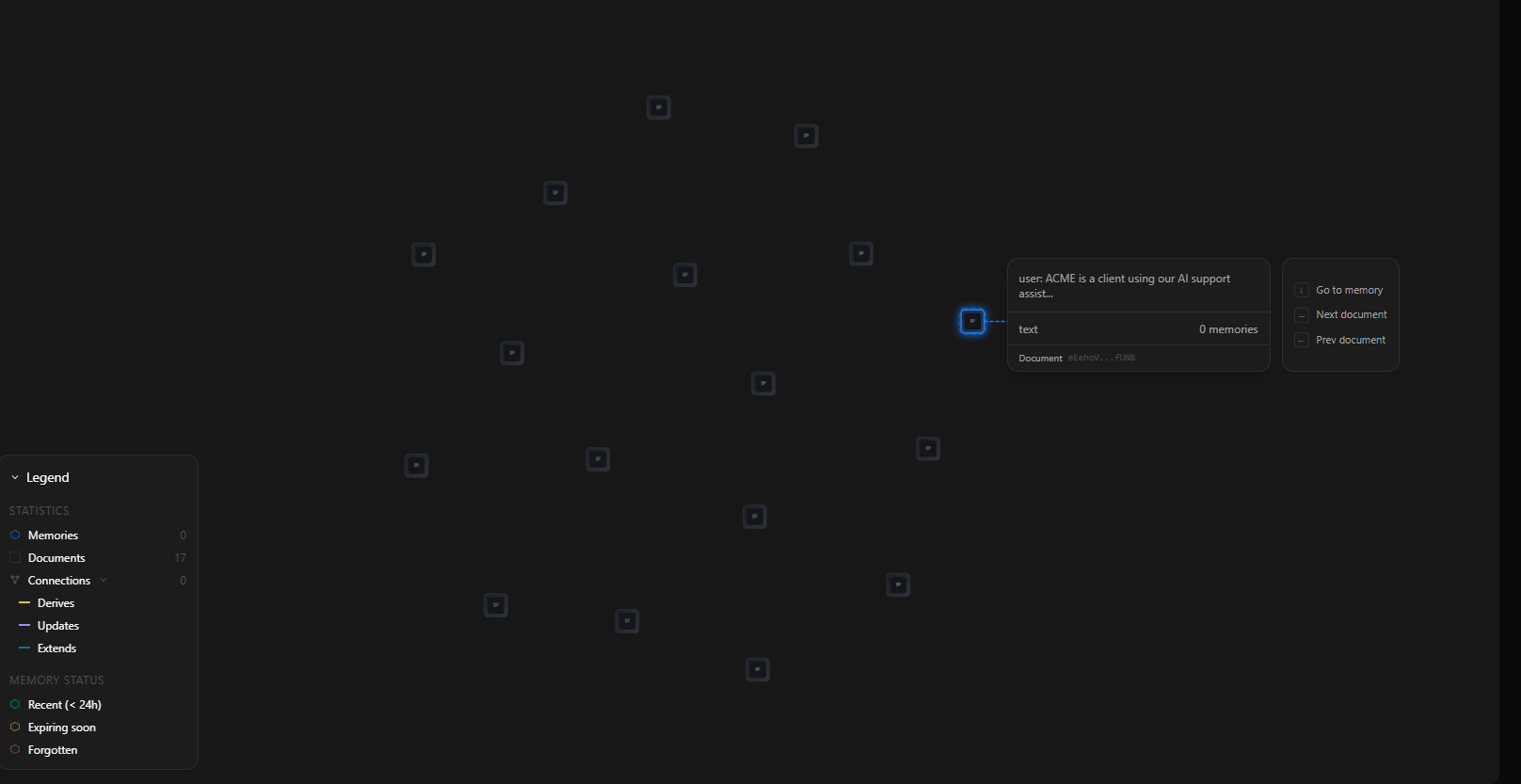 Output artifact for "Memory Inspection and Diagnostics" test: The graph UI showed the legend, node actions, memory-status colors, and a node detail card, but no visible connection lines., Supermemory_graph_memory_architecture.png