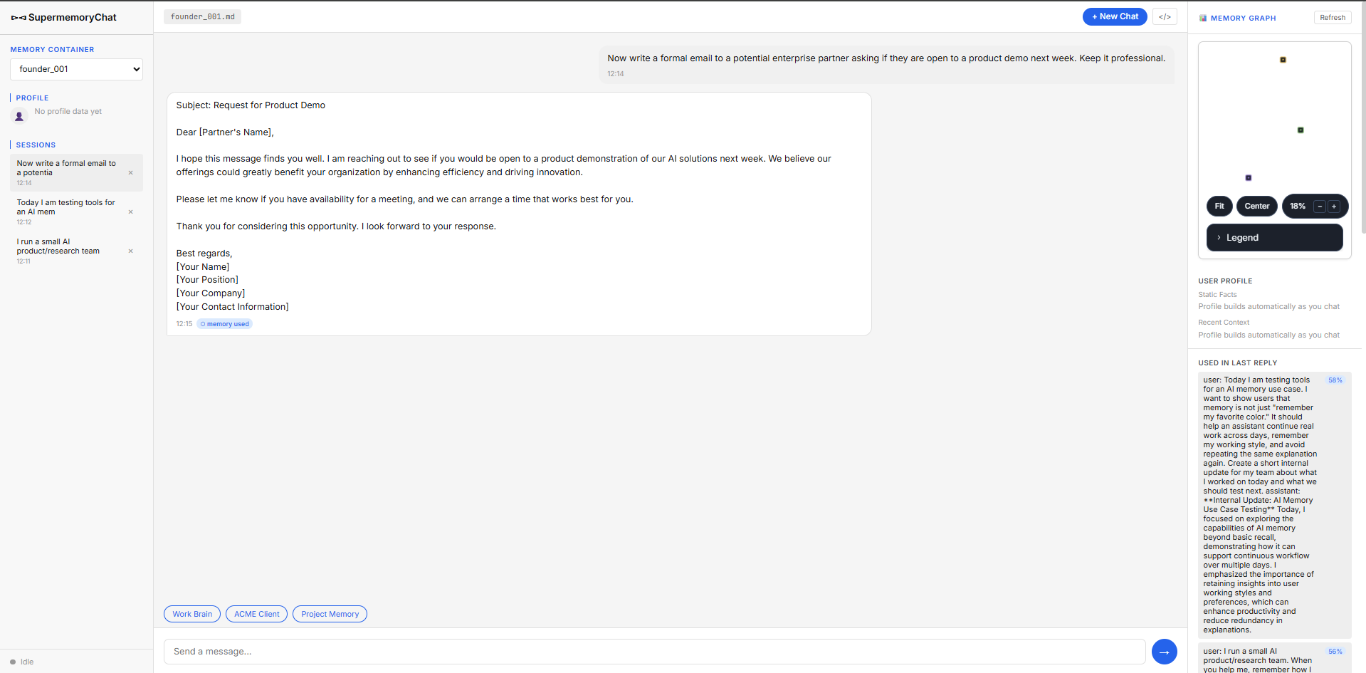 Output artifact for "Preference Memory Persistence" test: The assistant wrote a professional partner email without incorrectly forcing the internal-update tone into an unrelated communication., Supermemory_Input1_Session3_Formal_Email_Output.png