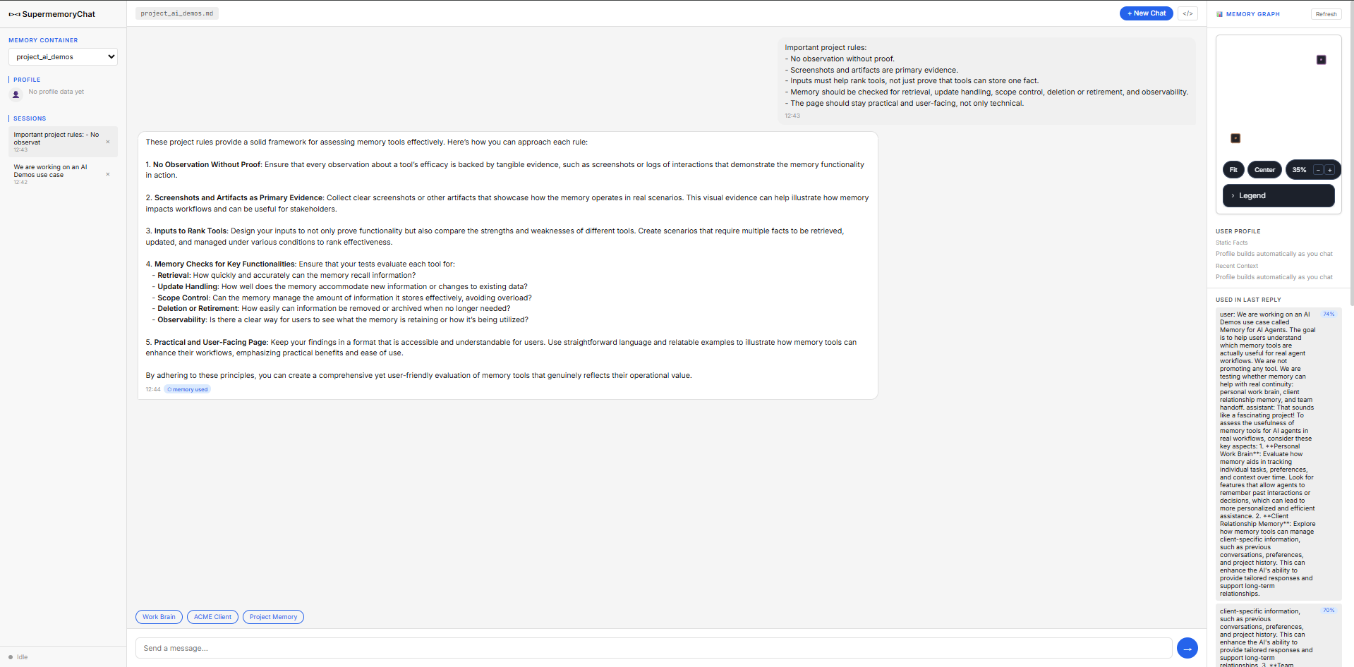 Output artifact for "Project Memory Handoff Synthesis" test: The assistant enumerated the project rules accurately, while the UI showed a '0 memory used' tag despite related memory appearing in the side panel., Supermemory_Input3_Session2_Project_Rules_Zero_Used_Tag.png