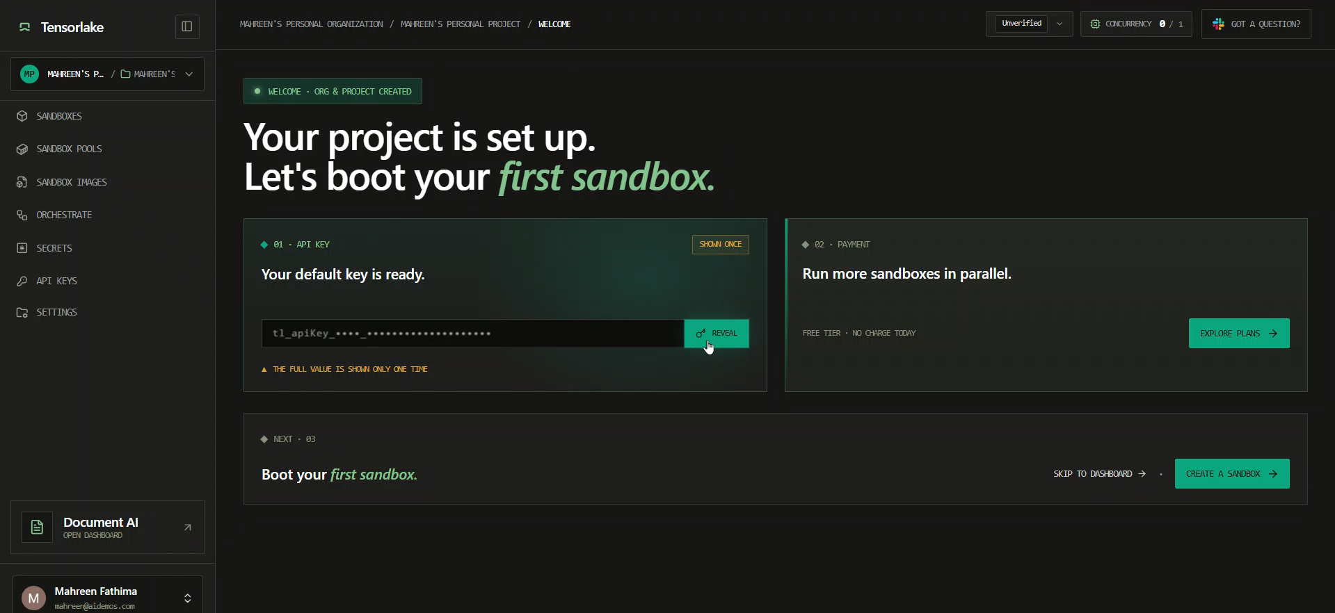 Tensorlake project setup dashboard with API key and sandbox onboarding.