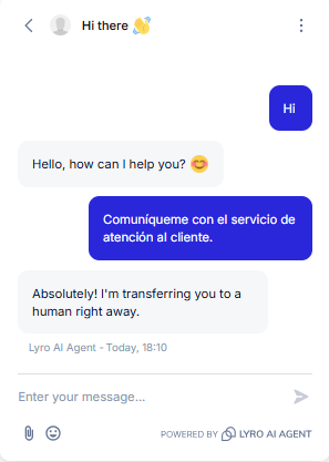 Output artifact for "Human Escalation and Ticket Handoff" test: The bot detected the Spanish-language escalation request and transferred the user to a human right away., Tidio_Escalation_DirectTriggers_Q35_EscalationSpanish.png