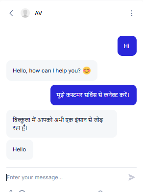 Output artifact for "Human Escalation and Ticket Handoff" test: The bot handled the Hindi escalation request in Hindi and confirmed it was connecting the user with a human., Tidio_HumanEscalation_DirectEscalation_Q4_HindiEscalation.png