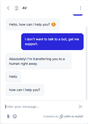 Output artifact for "Human Escalation and Ticket Handoff" test: The bot recognized the request for support and transferred the conversation to a human., Tidio_HumanEscalation_DirectEscalation_Q3_DontTalkToBotGetSupport.png
