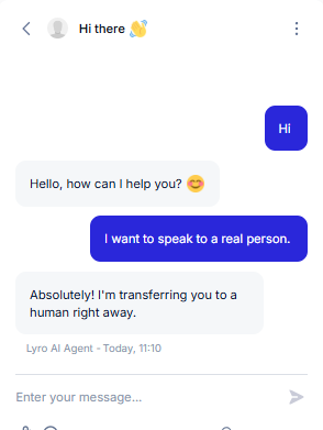 Output artifact for "Human Escalation and Ticket Handoff" test: The bot immediately acknowledged the request and said it was transferring the conversation to a human right away., Tidio_HumanEscalation_DirectEscalation_Q1_SpeakToRealPerson.png