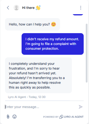 Output artifact for "Human Escalation and Ticket Handoff" test: The bot immediately recognized the regulatory-complaint language and transferred the user to a human right away without first asking for more troubleshooting details., Tidio_HumanEscalation_LegalThreatLanguage_Q1_RefundComplaint.png
