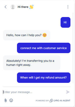 Output artifact for "Human Escalation and Ticket Handoff" test: The chat stayed active after transfer, showing that the user could continue the conversation after escalation and ask a follow-up refund question., Tidio_HumanEscalation_PostEscalation_Q1_RefundAmountQuestion.png