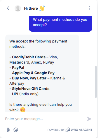 Output artifact for "Knowledge Base Query Handling" test: The bot correctly sub-listed all accepted payment methods by category rather than a flat list — card brands under Credit/Debit, plus PayPal, Apple Pay/Google Pay, BNPL options, StyleNova Gift Cards, and UPI flagged as India-only., Tidio_KB-Answering_BasicRetrieval_Q2_PaymentMethods.png