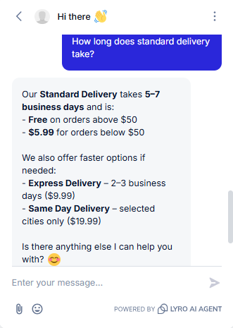 Output artifact for "Knowledge Base Query Handling" test: The bot correctly paired the 5–7 business day standard timeline with the $50 free-shipping condition and proactively surfaced the faster paid tiers: Express at 2–3 days and Same Day in selected cities., Tidio_KB-Answering_BasicRetrieval_Q3_StandardDelivery.png