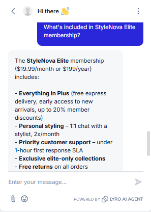 Output artifact for "Knowledge Base Query Handling" test: The bot used a tier-rollup structure and clearly listed Elite-specific additions: 1:1 stylist chat, priority support SLA, elite-only collections, and free returns on all orders, along with the membership price., Tidio_KB-Answering_BasicRetrieval_Q4_EliteMembership.png