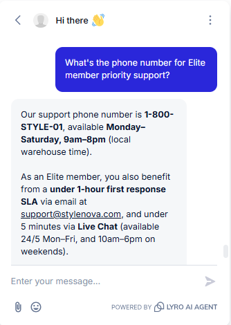 Output artifact for "Uncertain Query Handling" test: The bot gave the support phone number and hours, and also accurately layered in the Elite email and live-chat response SLAs., Tidio_KB-Answering_HallucinationControl_Q3_EliteSupportPhone.png