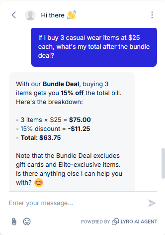 Output artifact for "Numerical Policy Calculations" test: The bot calculated 3 × $25 = $75, applied the 15% bundle discount correctly, and returned the final total of $63.75., Tidio_KB-Answering_NumericalCalculation_Q1_BundleDealMath.png