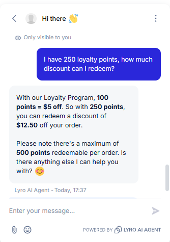 Output artifact for "Numerical Policy Calculations" test: The bot correctly converted points to dollars at the stated rate and noted the 500-point maximum redeemable per order., Tidio_KB-Answering_NumericalCalculation_Q2_LoyaltyPointsRedemption.png