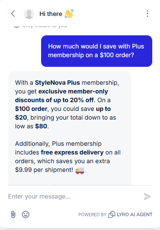 Output artifact for "Numerical Policy Calculations" test: The bot preserved the 'up to 20%' framing, calculated the potential $20 savings on a $100 order, and also quantified the free express-delivery benefit., Tidio_KB-Answering_NumericalCalculation_Q3_PlusMembershipSavings.png