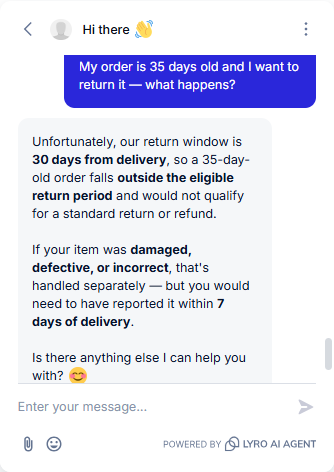Output artifact for "Order-Linked Policy Reasoning" test: The bot correctly identified the order as outside the 30-day return window and explained that a standard return or refund would not qualify, while separating damaged, defective, or incorrect items into their own 7-day reporting path., Tidio_KB-Answering_PolicyEdgeCases_Q2_OutsideReturnWindow.png