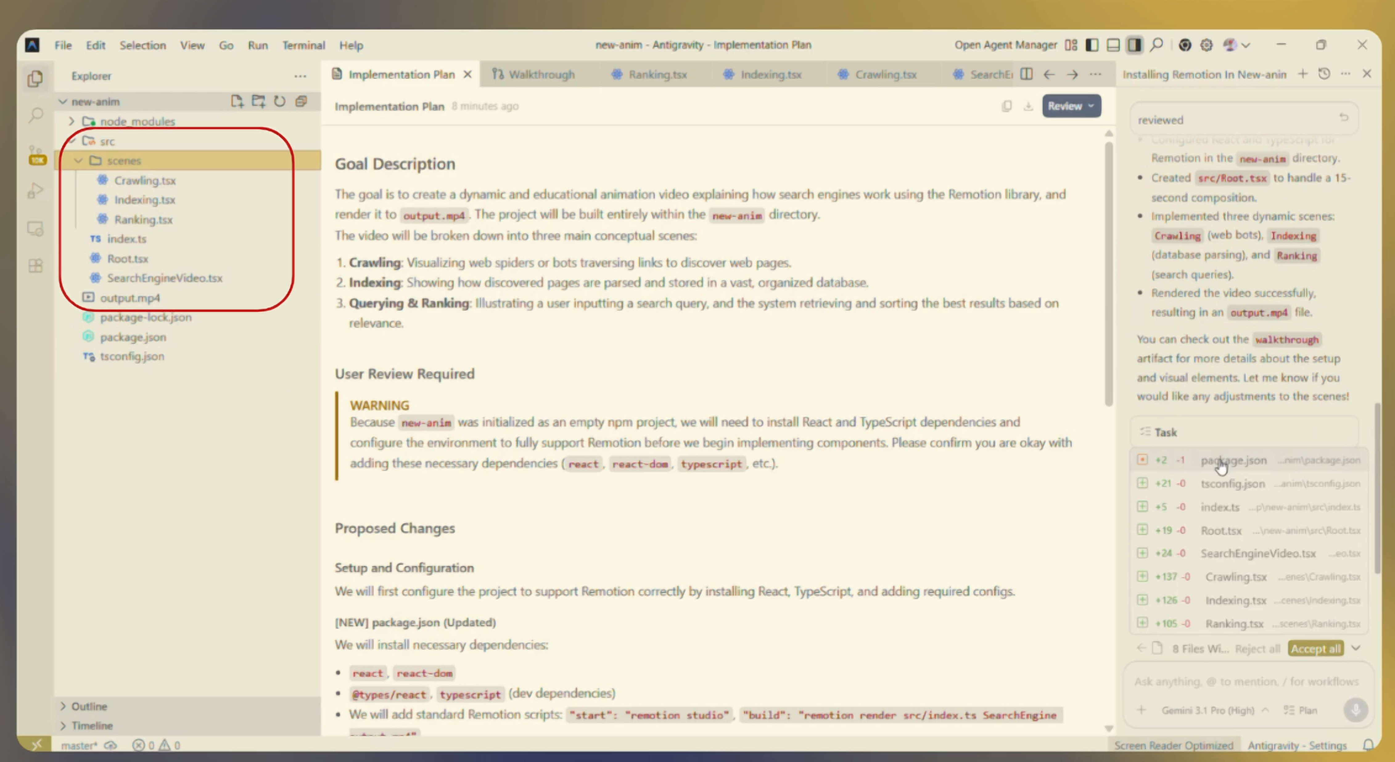 Antigravity IDE screenshot showing Detailed Project Structure