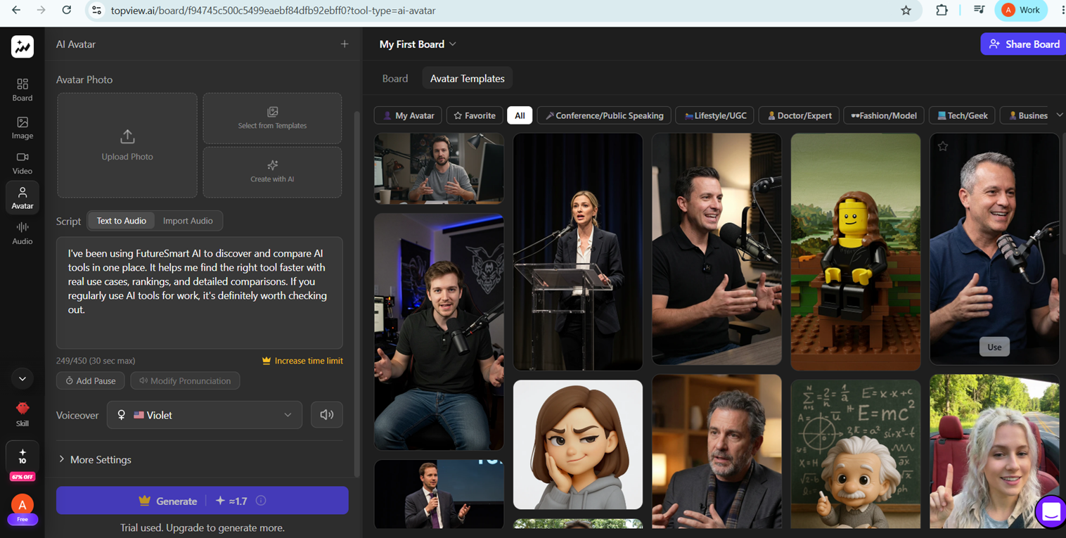 Output artifact for "Avatar Library Selection and Swapping" test: The avatar template library is open with category chips, a populated thumbnail grid, and a visible Use button, confirming that avatar browsing and swapping controls are available., topview-avatar-library.png