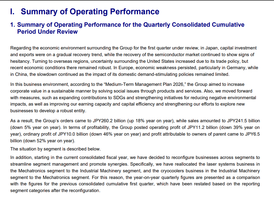 Input artifact for "Reading order and document hierarchy preservation" test: Summary of Operating Performance page from the Sumitomo report., upstage-ai-summary-operating-performance-quarterly-results.png