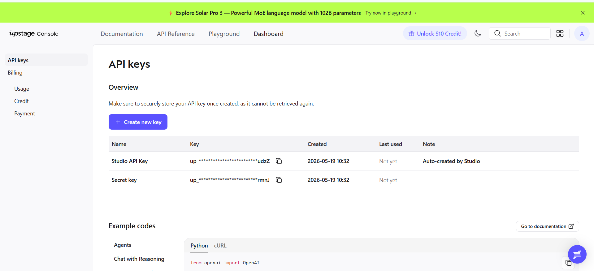 Upstage Console API keys management page.