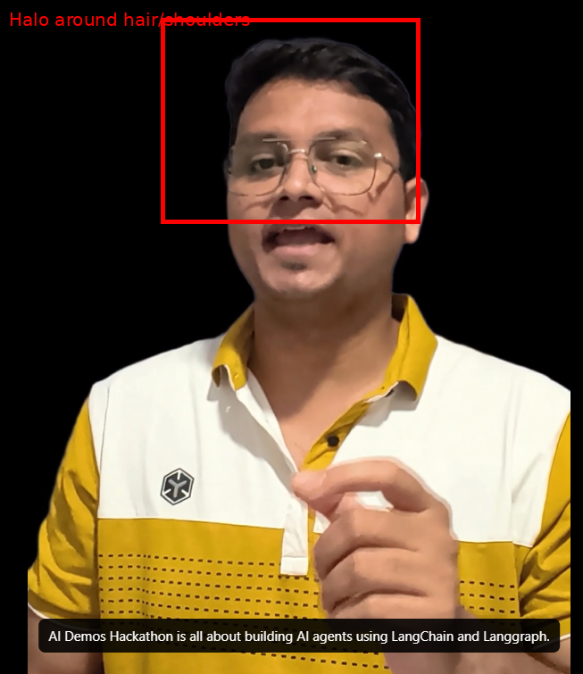 Output artifact for "Background Removal and Subject Isolation" test: The speaker stayed recognizable, but there was a thin halo around the hair and shoulders, artifacts near the glasses and temples, and the outline still looked slightly artificial., veed-io-halo-issue-091139a3c981.png