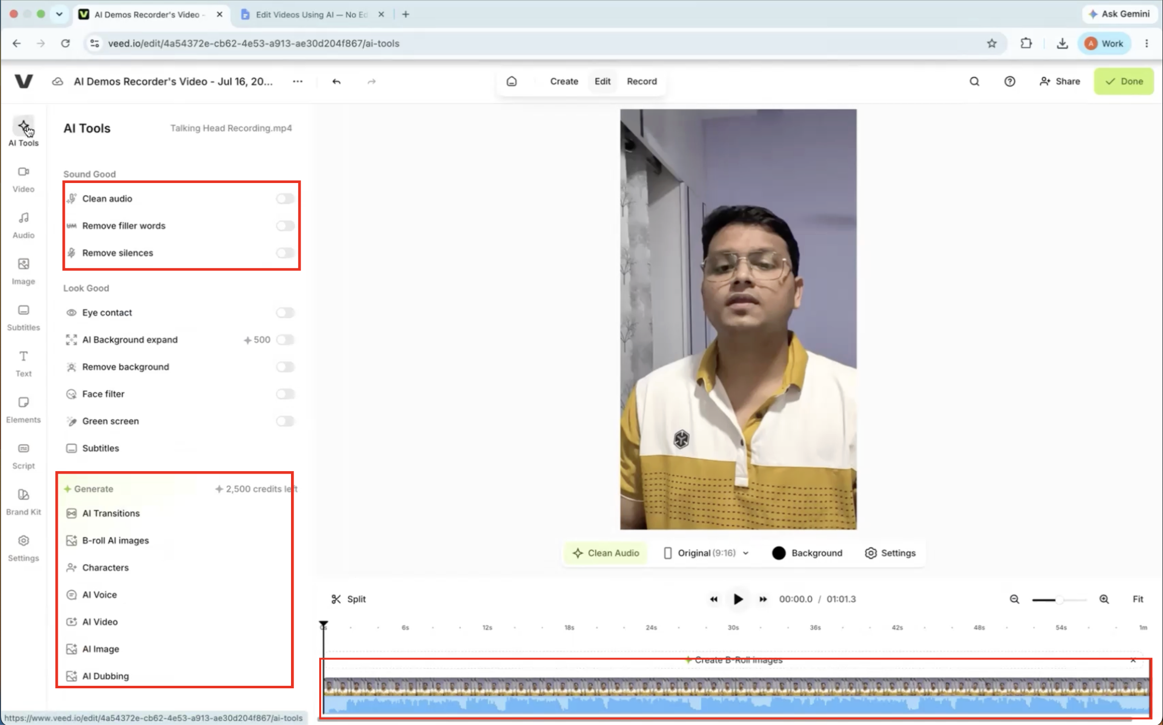 Output artifact for "Browser-Based Timeline Video Editing" test: The AI tools panel showed separate manual actions for cleanup, generation, and timeline work rather than a single auto-edit., VEED-input1-failure-1-no-fully-automated-editing-workflow.png
