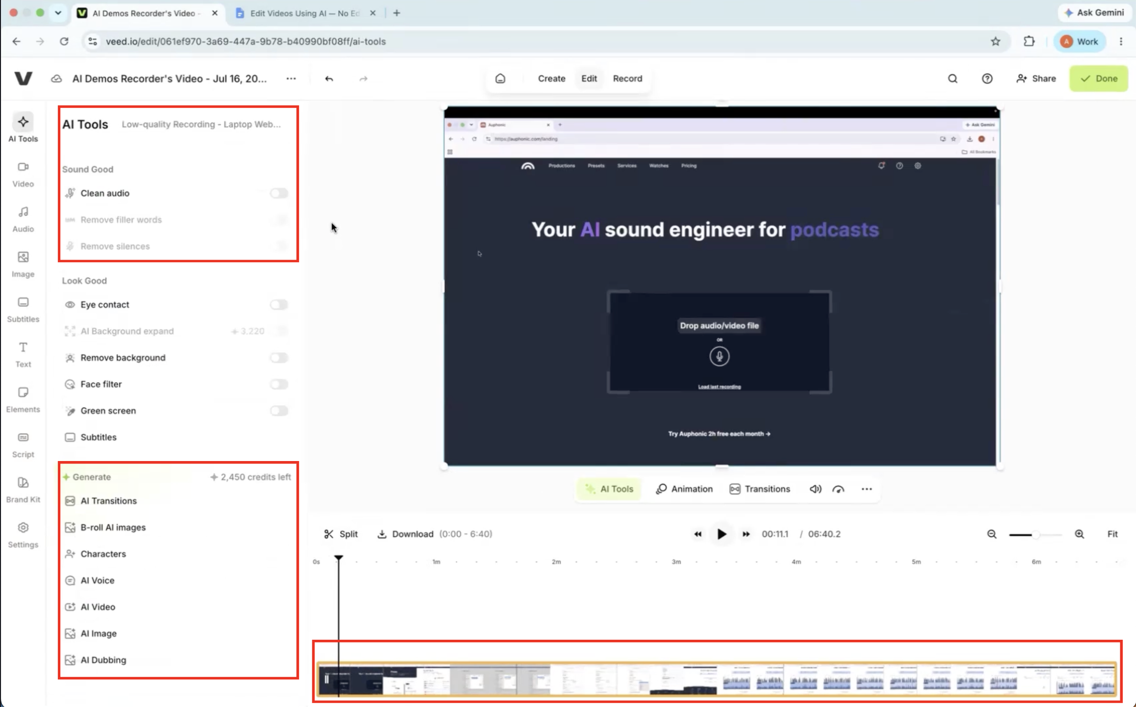 Output artifact for "Browser-Based Timeline Video Editing" test: The low-quality-audio test also required sequential manual steps instead of one-click automated editing., VEED-input2-failure-1-manual-ai-workflow-required.png