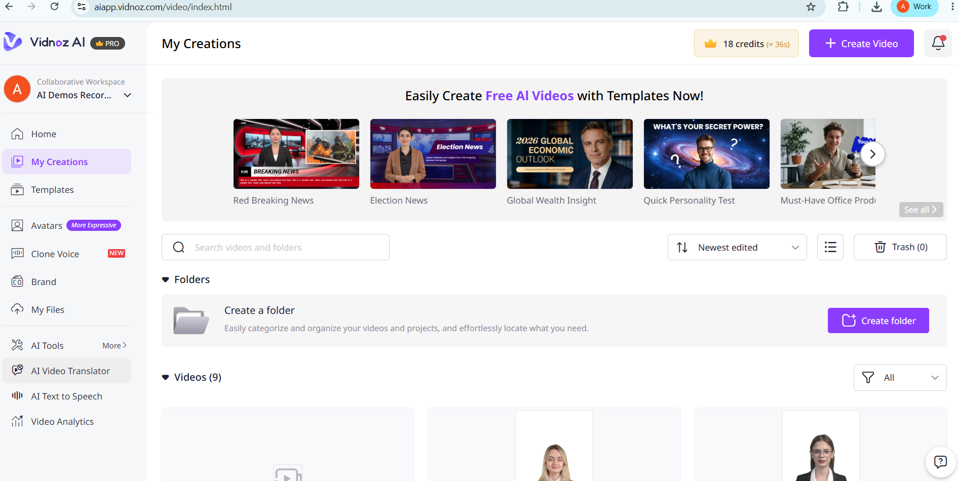 Input artifact for "Credit-Based Usage Tracking" test: Input, vidnoz-credit-before-generation.png