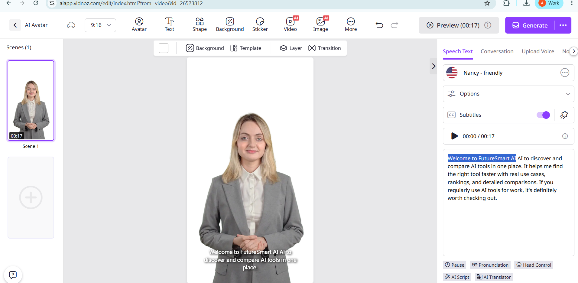 Output artifact for "In-Editor Script and Subtitle Editing" test: After the edit, the script begins with "Welcome to FutureSmart AI..." while the avatar preview and subtitle line remain visible in the editor., vidnoz-editor-after-edit.png