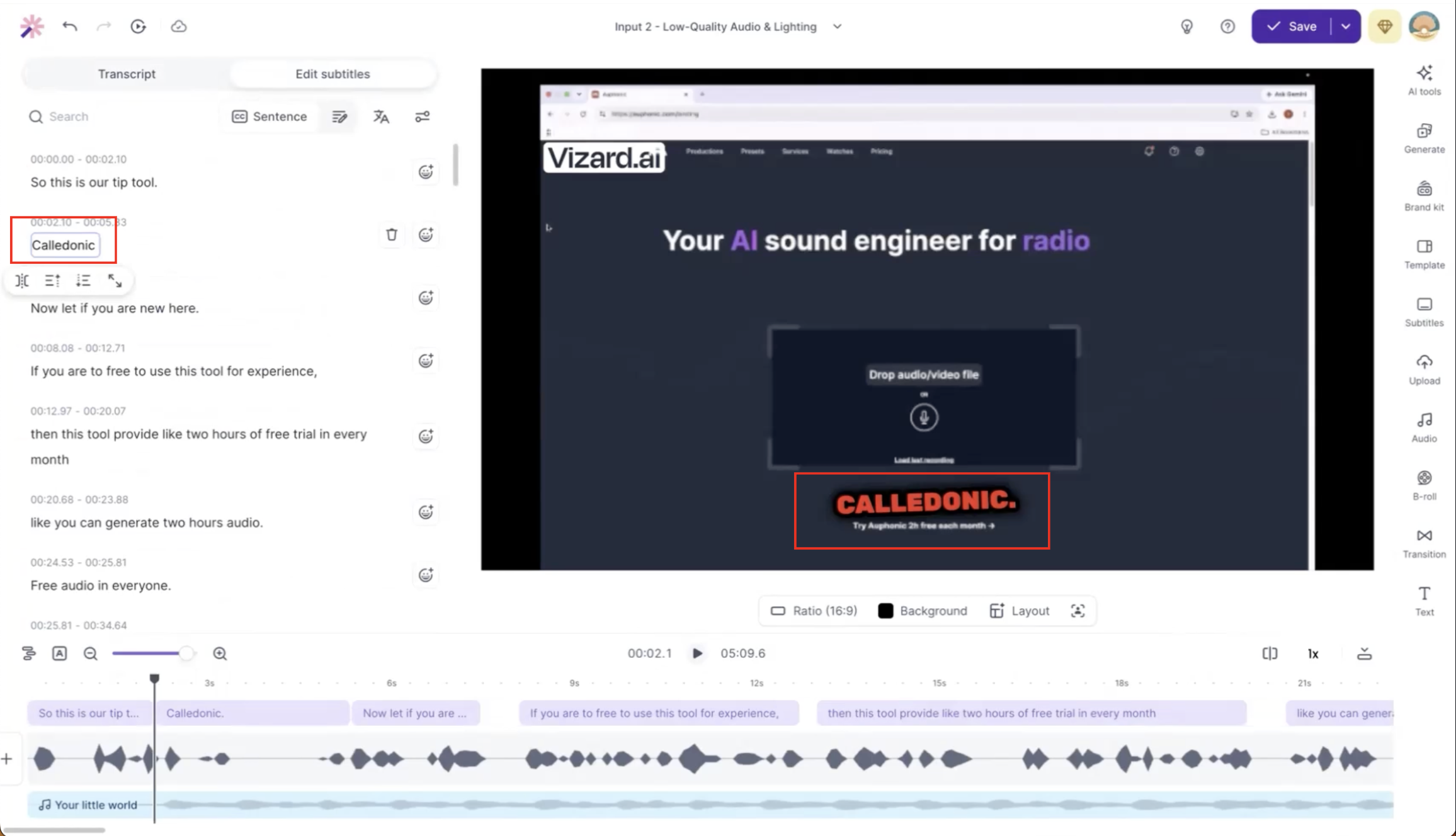 Output artifact for "Caption Generation, Transcript Editing, and Styling" test: The screenshot captures a caption correction for 'Caledonic.', confirming that technical terminology needed proofreading on the second input., Vizard_Input2_Failure2_Caption_Correction.png