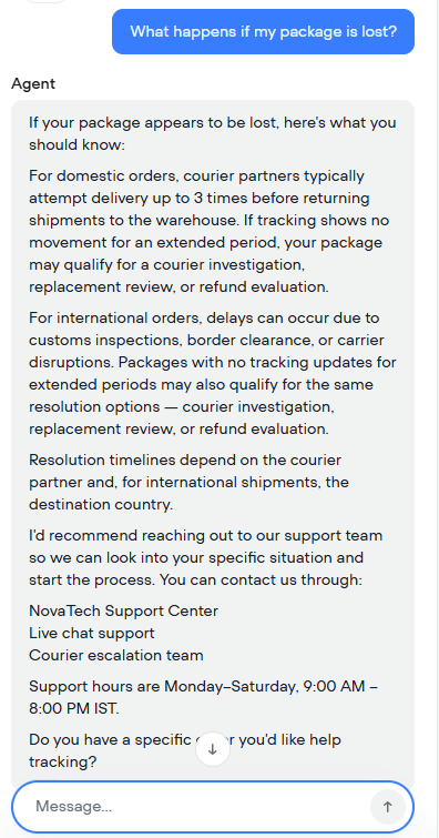 Output artifact for "Knowledge-grounded policy retrieval" test: Observed answer, voiceflow-input2-lost-shipment-step1-initial-response.png