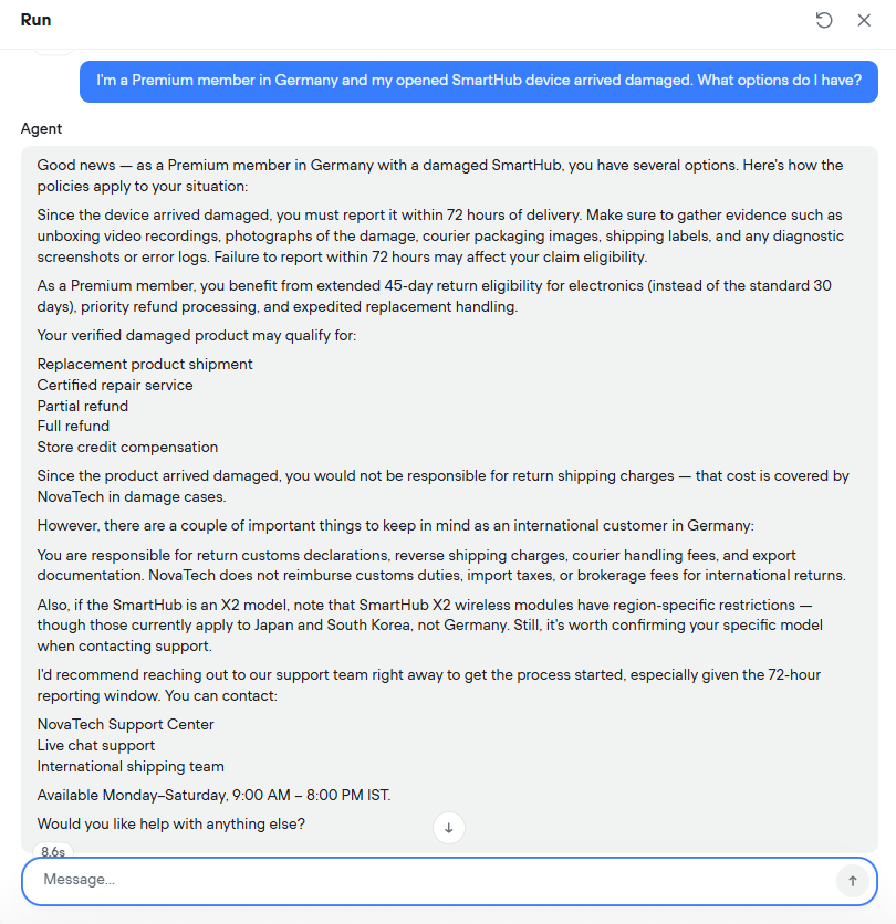 Voiceflow output showing The answer combined Premium benefits, international return conditions, opened-product eligibility, and damage-claim rule