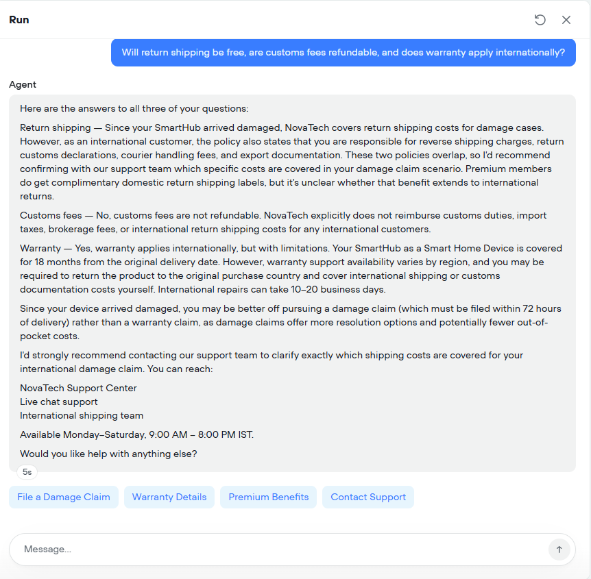 Output artifact for "Multi-document reasoning for complex policy edge cases" test: Voiceflow answered the three-part follow-up as separate policy sections. It said damage cases normally include return-shipping coverage, but it also surfaced a, voiceflow-international-shipping-customs-warranty.png
