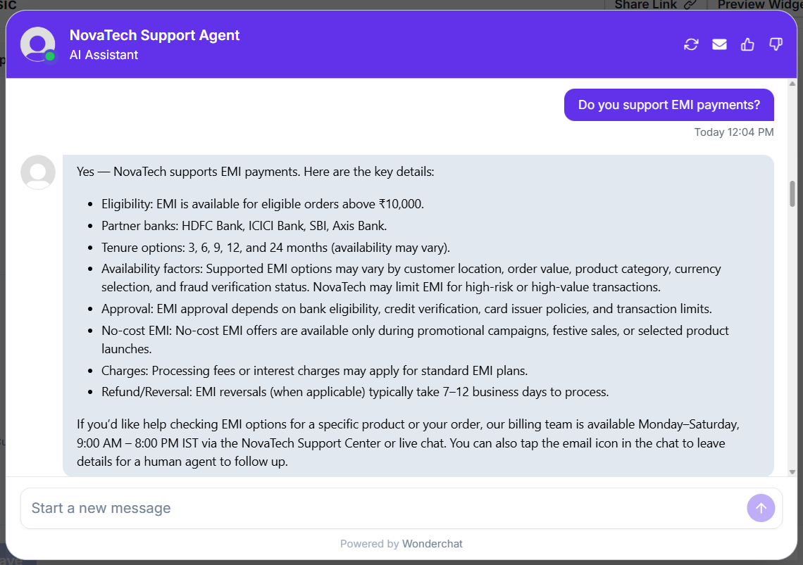 Wonderchat output showing The answer accurately covered EMI eligibility, partner banks, tenure options, no-cost EMI conditions, and related delive