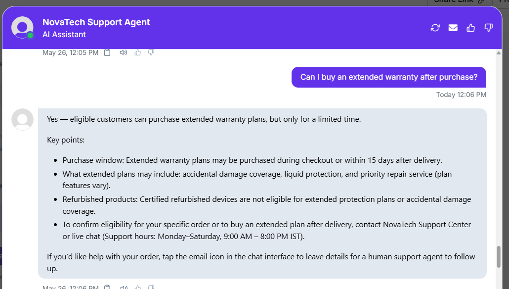 Wonderchat output showing The response accurately stated that extended warranty can be purchased during checkout or within 15 days after delivery 