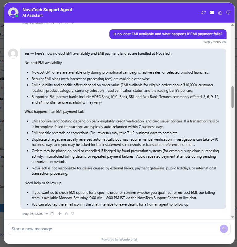 Output artifact for "Context-aware follow-up reasoning" test: Wonderchat handled a two-part follow-up accurately by explaining that no-cost EMI is limited to promotional periods, while regular EMI otherwise may include int, wonderchat-novatech-support-agent-no-cost-emi-failure.png