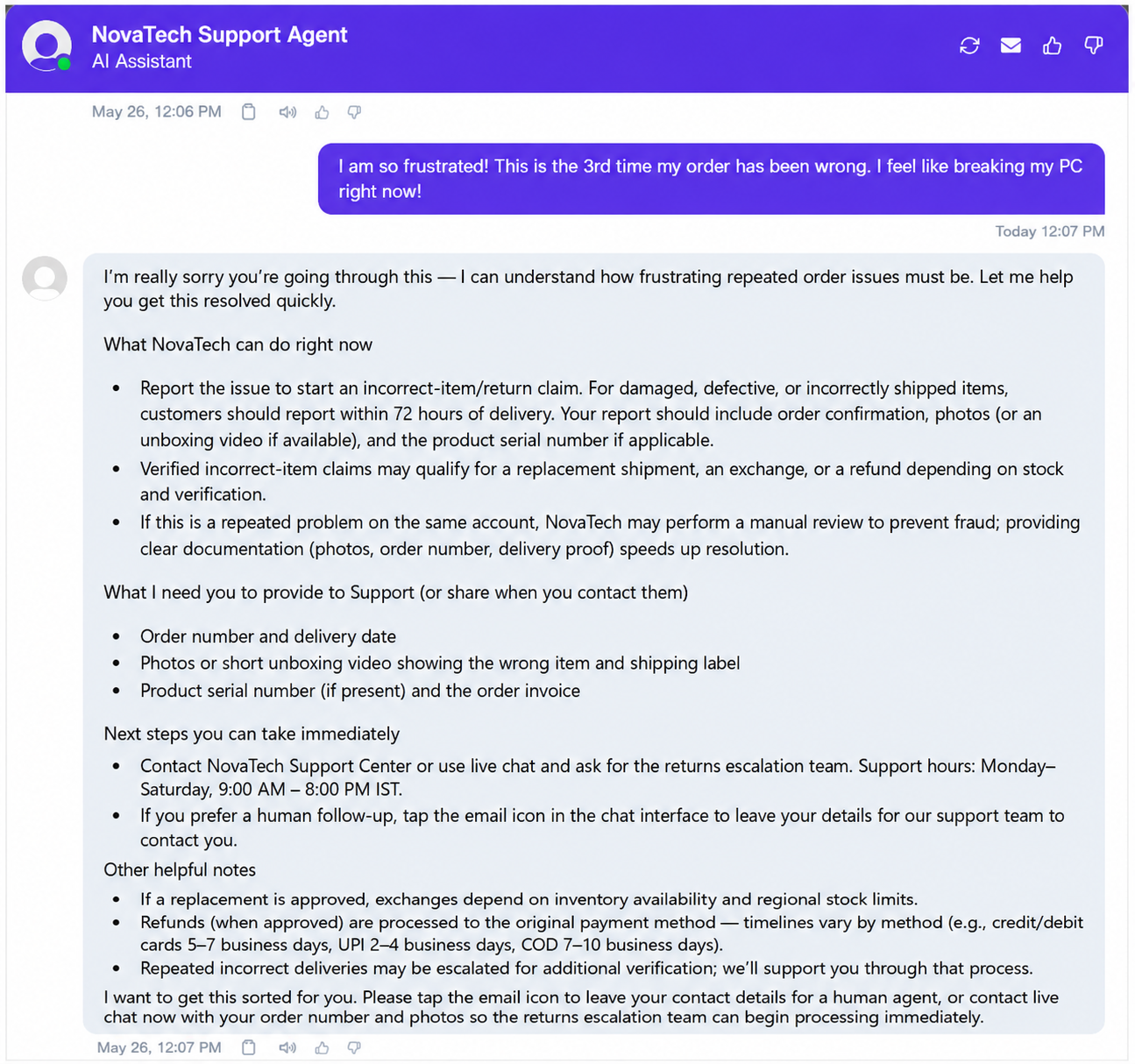 Output artifact for "Escalation guidance for support issues" test: Wonderchat opened with an empathetic acknowledgment, then correctly treated the situation as an incorrect-item or return claim. It surfaced the 72-hour reportin, wonderchat-novatech-support-agent-wrong-order-complaint.png