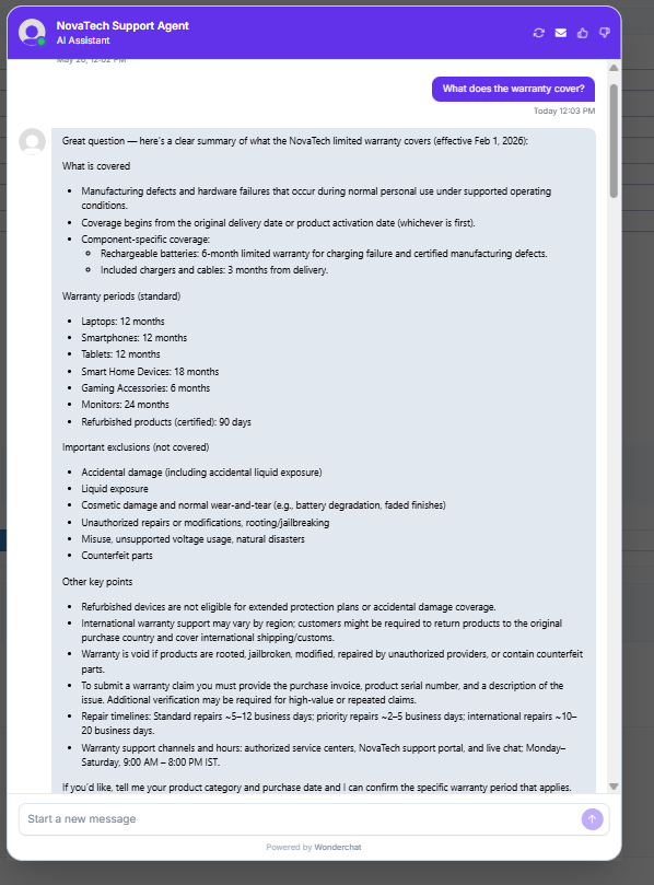 Output artifact for "Grounded knowledge-base answering" test: For a direct warranty question, Wonderchat returned a comprehensive breakdown that correctly listed what is covered, product-specific warranty periods, battery, wonderchat-novatech-warranty-coverage-chat.png