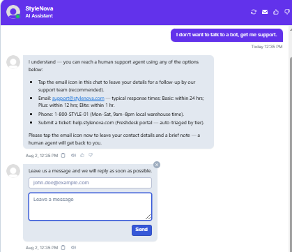 Output artifact for "Human Escalation and Handoff" test: Recognized the escalation intent and offered email, phone, and ticket-portal options with an email-capture form for a human follow-up., Wonderchat_HumanEscalation_DirectEscalationTriggers_Q3_NoBot.png