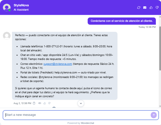 Output artifact for "Human Escalation and Handoff" test: Handled the escalation request fully in Spanish and preserved the same contact options and response-time details., Wonderchat_HumanEscalation_DirectEscalationTriggers_Q5_SpanishRequest.png